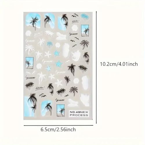 CEWEWP 3 Sheets Summer Ocean Nail Art Stickers 3D Self-Adhesive Decals