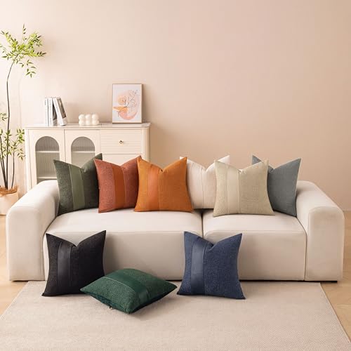 Pack of 2 Tobacco Boucle Pillow Covers 18x18 Inch - Soft Faux Leather Throw Pillows