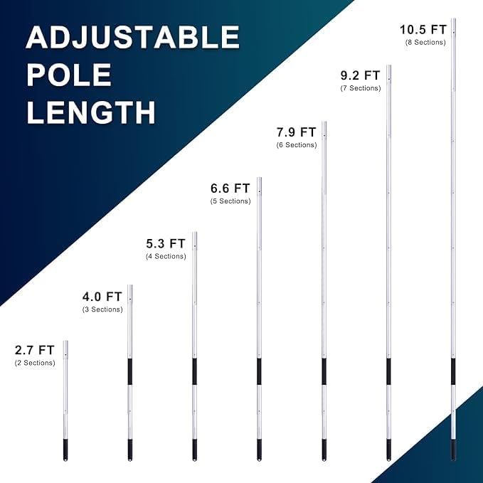 POOLAZA Pool Pole - Dual-Handle Anodized Aluminum Telescopic Skimmer Pole Up to 10.5 Ft | Portable Cleaning Tool