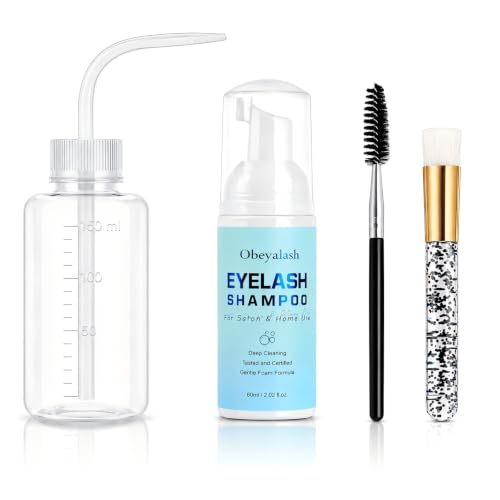 Obeyalash Eyelash Extension Shampoo Kit - 60ml Oil-Free Foam Cleanser with Rinse Bottle and Brush