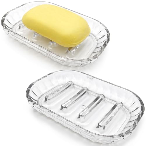 2 Pack Clear Soap Dish Holder - Draining Soap Tray for Kitchen & Bathroom