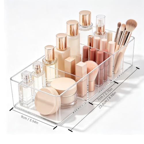 Clear Acrylic 3-Compartment Makeup Organizer Tray for Vanity Storage