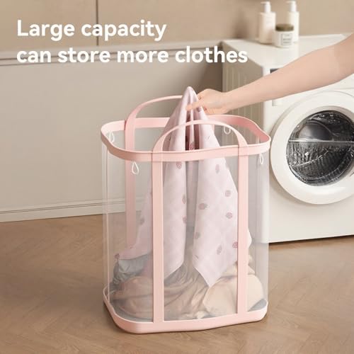 Pink Collapsible Laundry Caddy 11 Gallon Mesh Tote Foldable Clothes Storage Basket