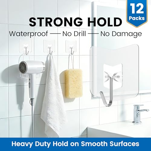 Nabreeli 12 Pack Transparent Adhesive Wall Hooks No-Drill for Renters & Home Organization