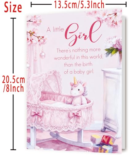 Cute Pink Unicorn Baby Girl Congratulations Card with Envelope
