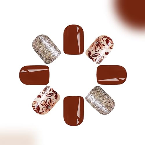 Brown Square Press on Nails with Flowers, Rhinestones and Glitter - 24Pcs Glossy False Nails