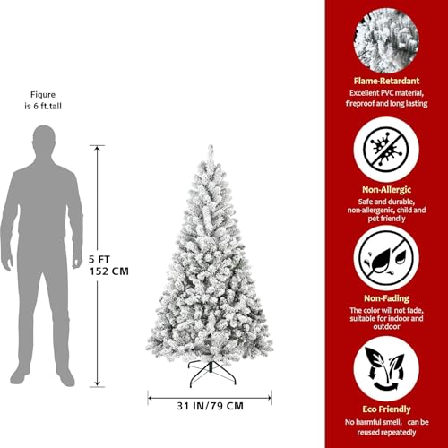 Flocked Unlit 5ft Artificial Christmas Tree with Snowy Look and Premium PVC Branches - Indoor Holiday Decor
