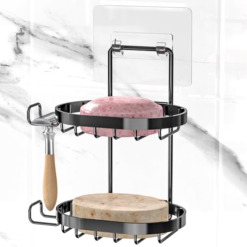 MASADI 2 Tier Black Soap Dish Holder with Hooks - Stainless Steel Shower Caddy