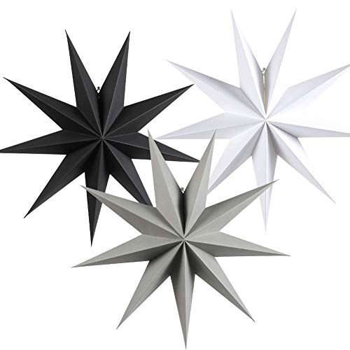 3-Pack 12-inch Paper Star Lantern Ornaments for Wedding Christmas Party - Grey Black White