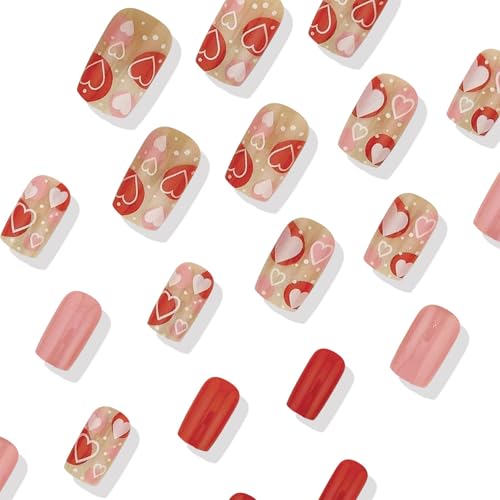 Red Love Heart Press on Nails Medium Square Glossy Fake Nails 24Pcs