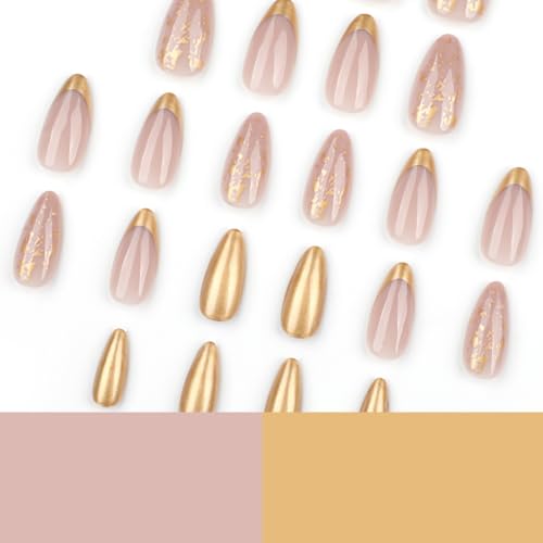 French Tip Press on Nails Medium Almond Gold Foil Fake Nails 24PCS