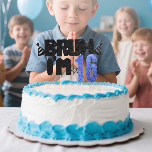 Bruh I'm 16 Birthday Cake Topper, Glitter Black and Blue 16th Decor