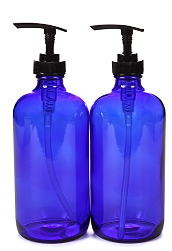 Vivaplex 16 oz Cobalt Blue Glass Bottles with Black Lotion Pumps - 2 Pack