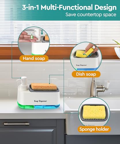 3-in-1 Kitchen Soap Dispenser Set with Sponge Holder - White