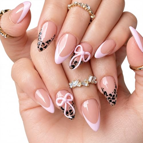 French Tip Press on Nails Medium Almond Fake Nails with 3D Bow & Leopard Print
