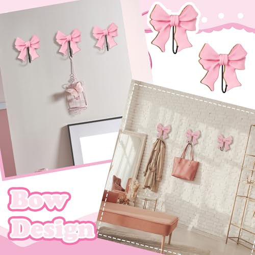 Pink Bow Coat Hooks - 3 Pack Wooden Wall-Mounted Hangers