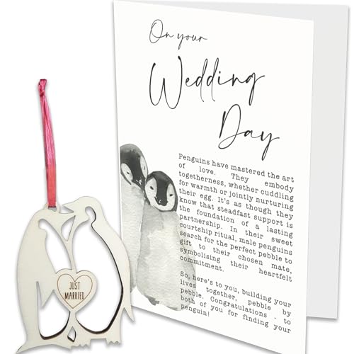 Penguin Wedding Greeting Card with Keepsake Wooden Windcatcher
