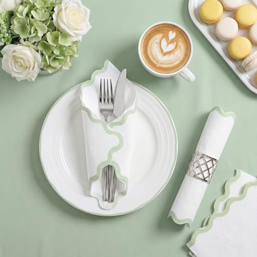 NatNarr Sage Green Scalloped Paper Napkins, 3-Ply Disposable, 80 Count