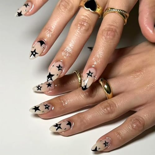 Pink French Tip Almond Press On Nails with 3D Star Charms - 24PCS