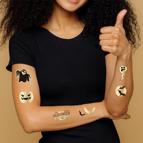 KSTBJN Halloween Temporary Tattoos Gold Fake Tattoo Set for Face and Body