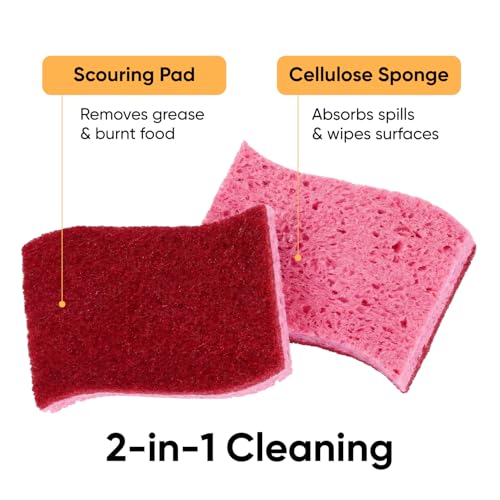 Superio 3-Pack Non-Scratch Cellulose Kitchen Sponges with Scouring Pad, Red & Pink
