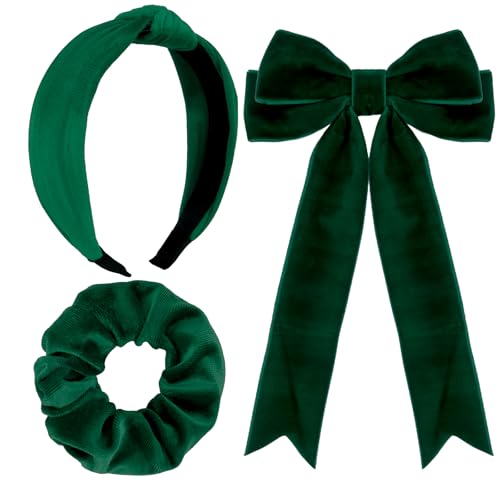 FASOTY Dark Green Velvet Hair Accessories Set for Girls, 3-Piece Bow, Headband and Hair Tie