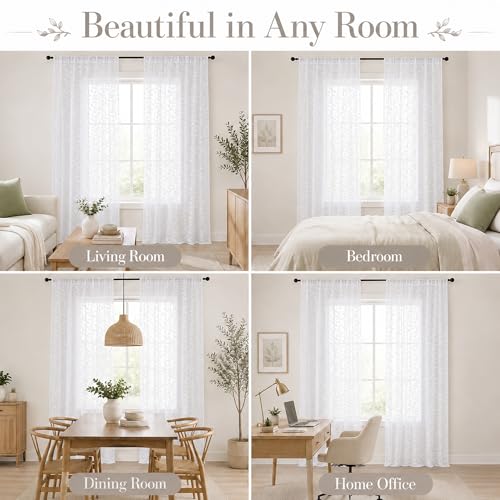 Light Filtering Leaf Jacquard Sheer Curtains 84" Long - 2 Panels Set, 37"W Each