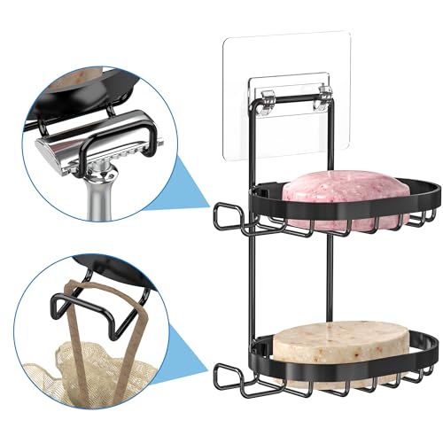 MASADI 2 Tier Black Soap Dish Holder with Hooks - Stainless Steel Shower Caddy