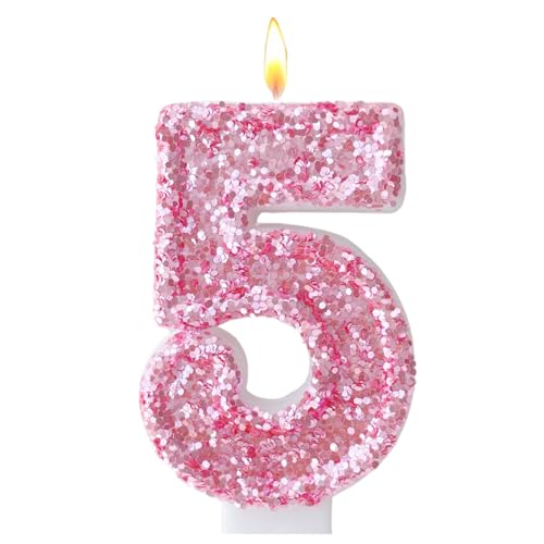 CasaPopz Number 5 Glitter Pink Birthday Candle - Princess Cake Topper