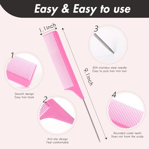 Hroevc 6PCS Rat Tail Combs Set with Metal Pick for Hair Styling and Braiding