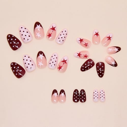 Short Almond Press on Nails Pink French Tip with Star and Polka Dot Design