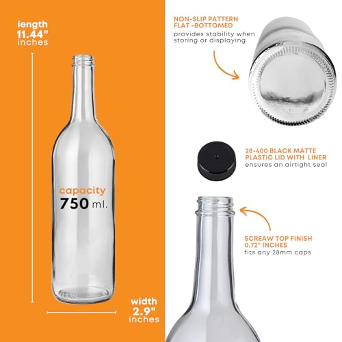 FastRack 750ml Glass Bordeaux Wine Bottle includes Black PLASTIC Caps - 4 Cases of 12 (48 Bottles) - Clear/Flint (Flat-Bottomed - SCREW TOP)