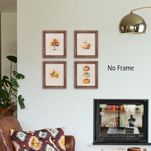 Fall Autumn Wall Art Prints Set of 4 - Vintage Pumpkin Maple Leaf Posters 8x10