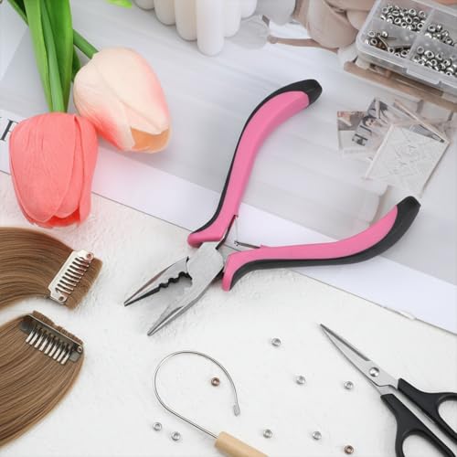 Hair Extension Pliers 3-Hole Mini Tool for Micro and Nano Rings Pink
