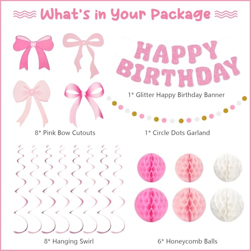 Amandir Pink Birthday Decorations Set with Glitter Banner & Bow Cutouts