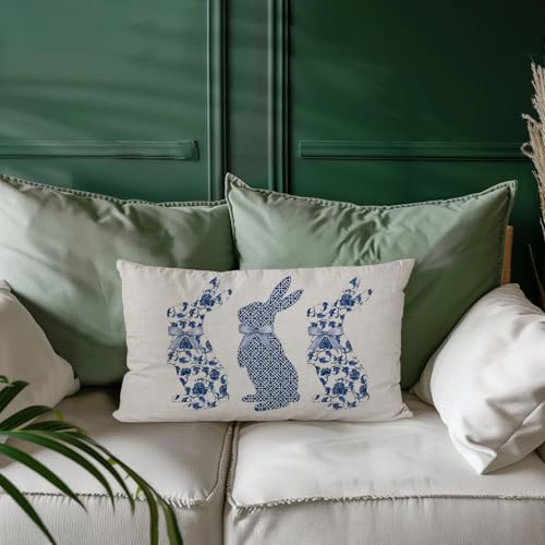 Blue Bunny Decorative Pillow Cover 12x20 Inch - Easter Chinoiserie