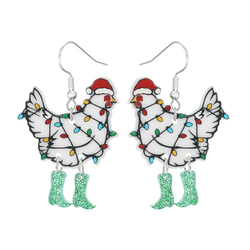 Christmas Earrings for Women - Green Christmas Chicken - Festive Santa Tree Cat Dinosaur Acrylic Holiday Jewelry