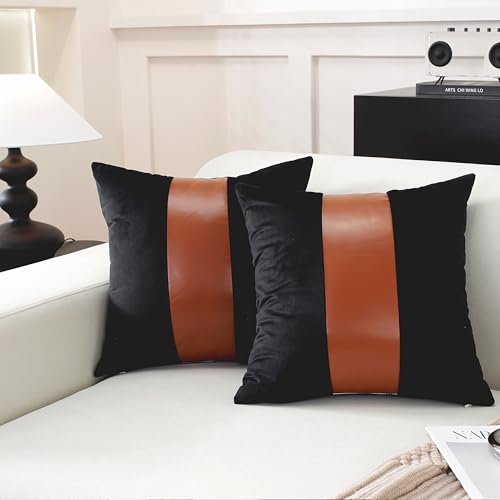 TAOSON Velvet Throw Pillow Covers 18x18 Inch, White & Black Striped, Set of 2