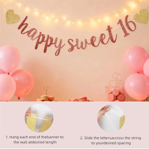 Happy Sweet 16 Banner - Rose Gold Birthday Party Decor