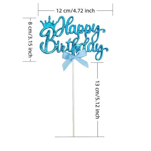 Blue Acrylic Happy Birthday Cake Topper with Crown and Bow 3x5 Inch