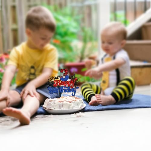 Spider Happy 3rd Birthday Cake Topper - Glitter Red & Blue Party Decor
