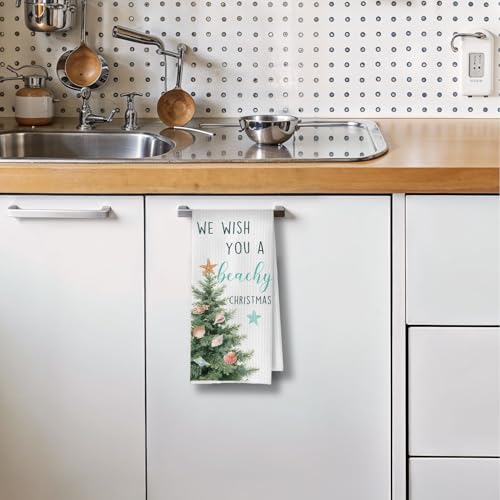 Ocean Christmas Tree Towels - Beachy Holiday Waffle Dish Towels, 16x24 Inch
