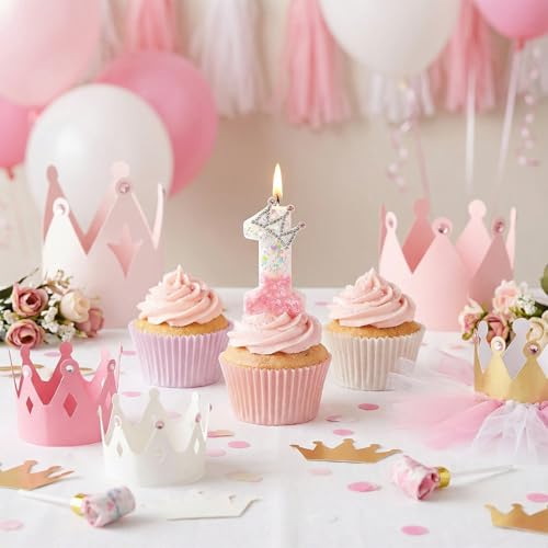 Pink Crown Number 1 Birthday Candle for Princess Parties