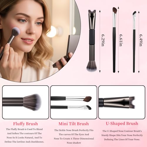 Matwsec Dual-Ended Nose Contour Brush Set, 3PCS Angled Makeup Brushes