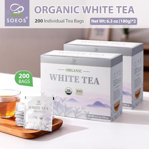 Soeos Organic White Tea - 200 Individually Wrapped Tea Bags, Low Caffeine, Floral Aroma, Smooth Taste