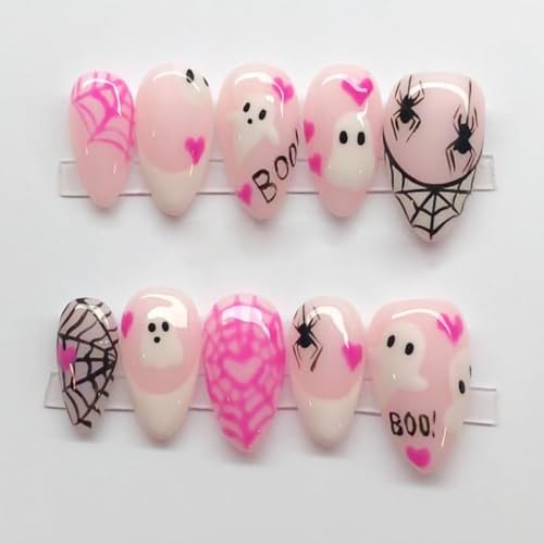 Ghost Spider Web Press On Nails Short Almond Halloween Fake Nails 30Pcs