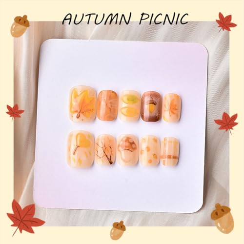Fall Short Square Press On Nails 3D Maple Leaf False Acrylic Nails