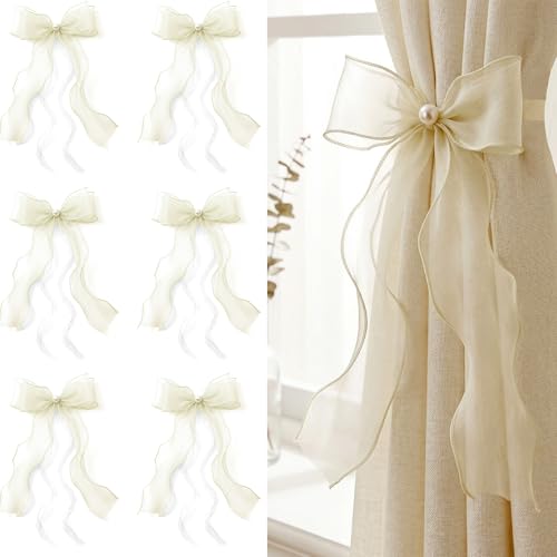 TAMHOO Creamy Ivory Lace Bow Curtain Tiebacks - 6 Pack, Pin-On Floral Ties