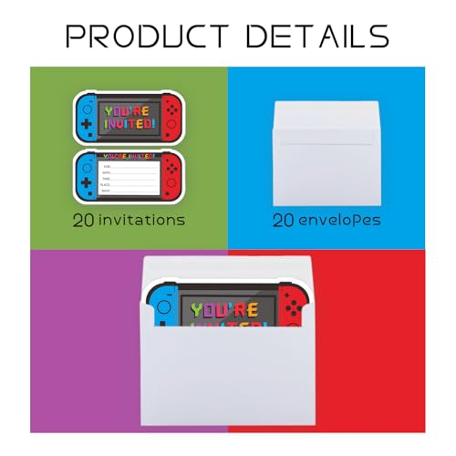 Video Game Birthday Party Invitations - 3x6 Inch Cards with 20 Envelopes