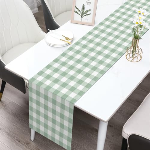 Sage Green Gingham Table Runner 13 x 72 Inches - Checkered Party Decor for Wedding, Birthday, Baby Shower, Home & Kitchen